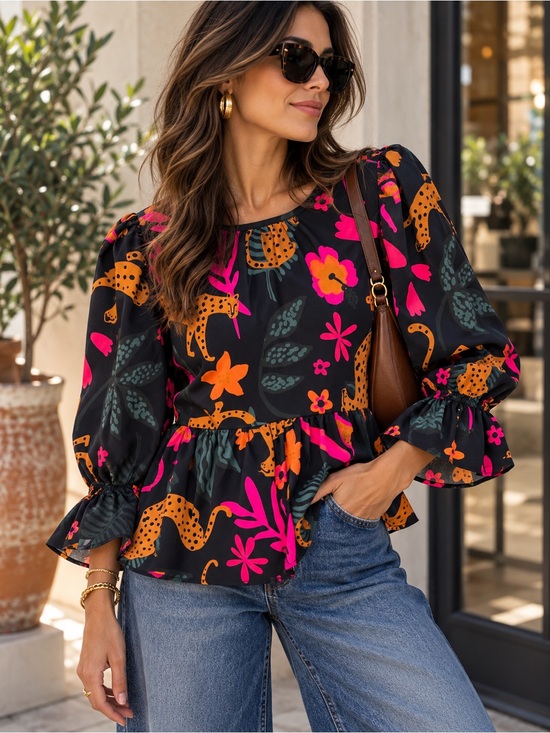 Mud Pie Tops - Mud Pie Leopard Floral Peplum Blouse M Puff Sleeve Black Pink Boho #508
